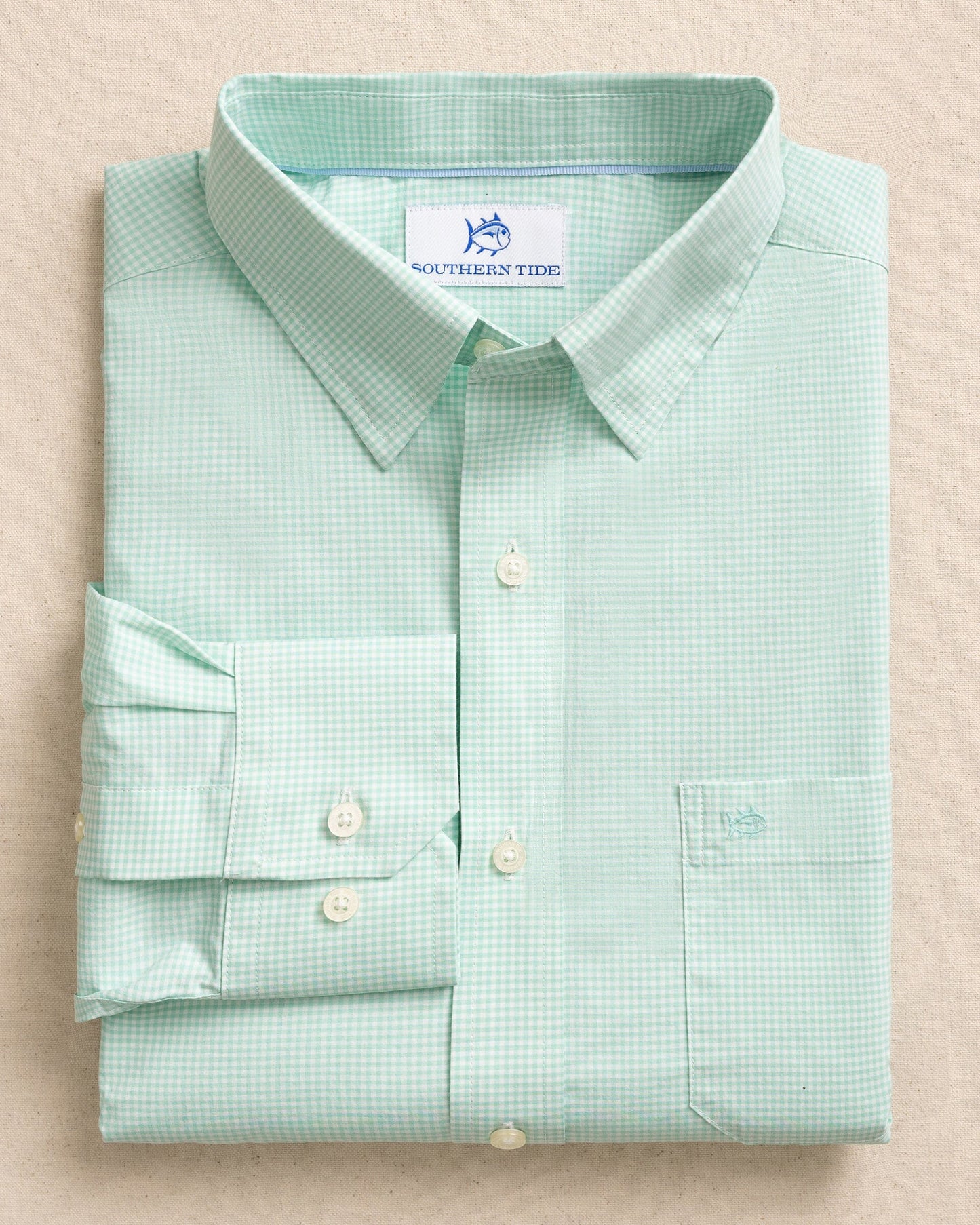 The front view of the Southern Tide Charleston Parkwood Microgingham Long Sleeve Sport Shirt by Southern Tide - Garden Grove